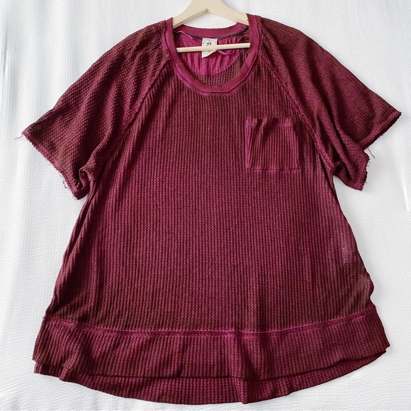 FP We the Free Oversized Maroon Thermal / Waffle Short Sleeve Raw Hem Top - Picture 2 of 9